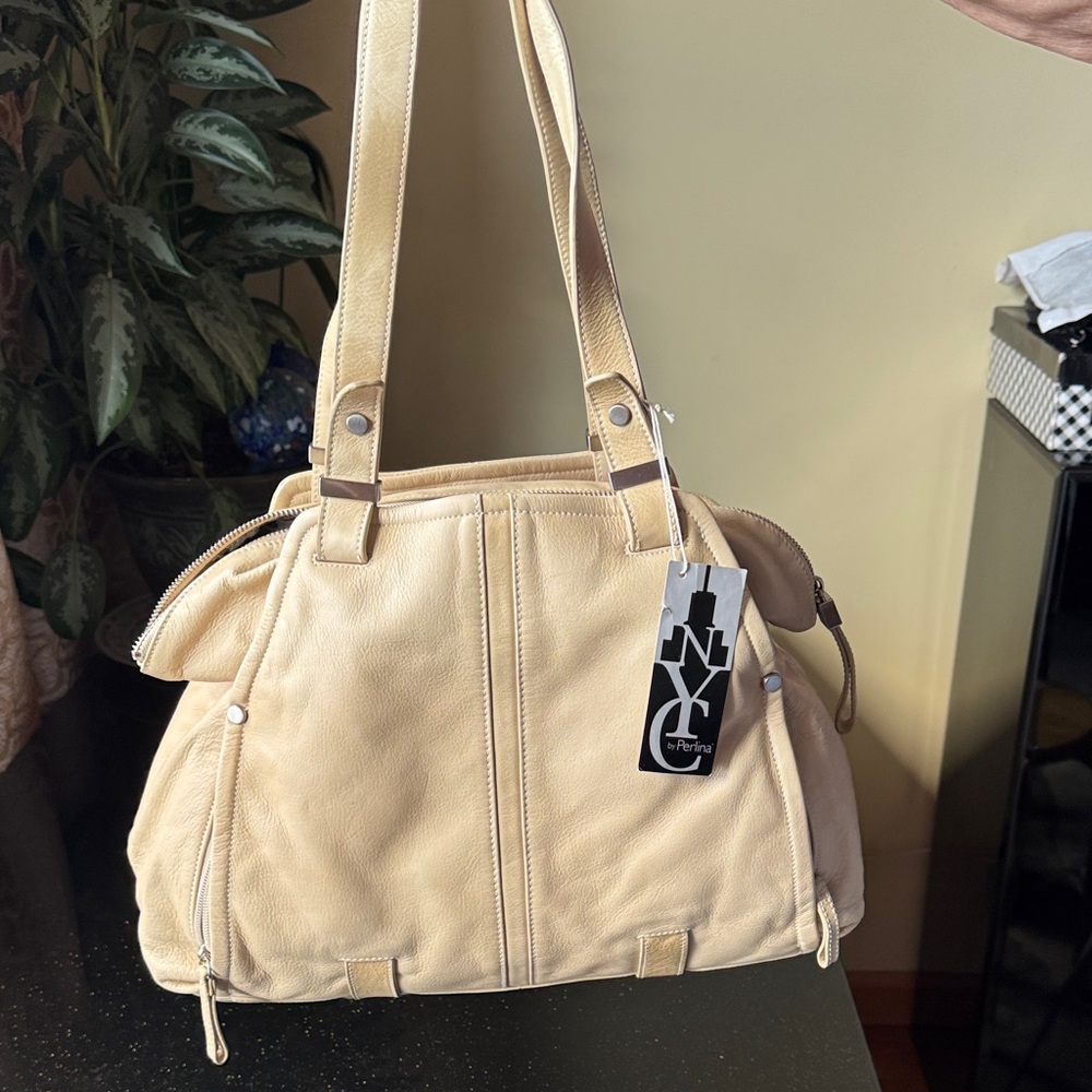 Perlina Cream Leather Duffel Bag with Dual Straps